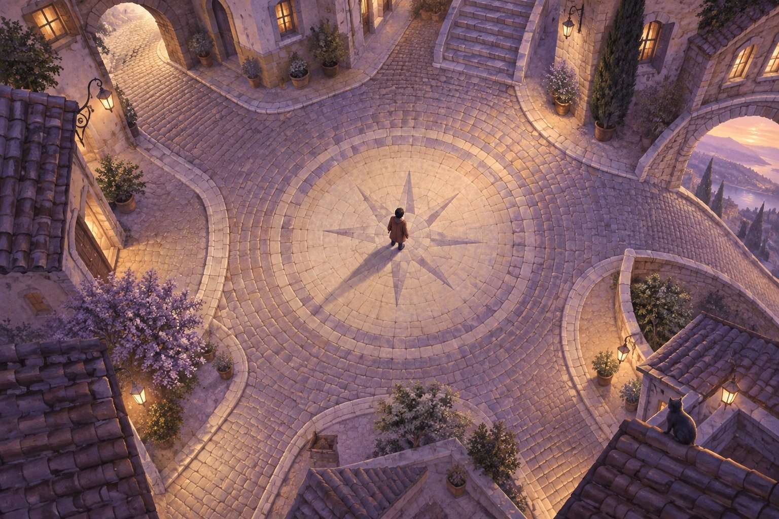 Soñar con perderse: qué observar cuando no encuentras el camino — Imagen 1 Figura en una plaza de la que parten varias calles, representada como un sueño.