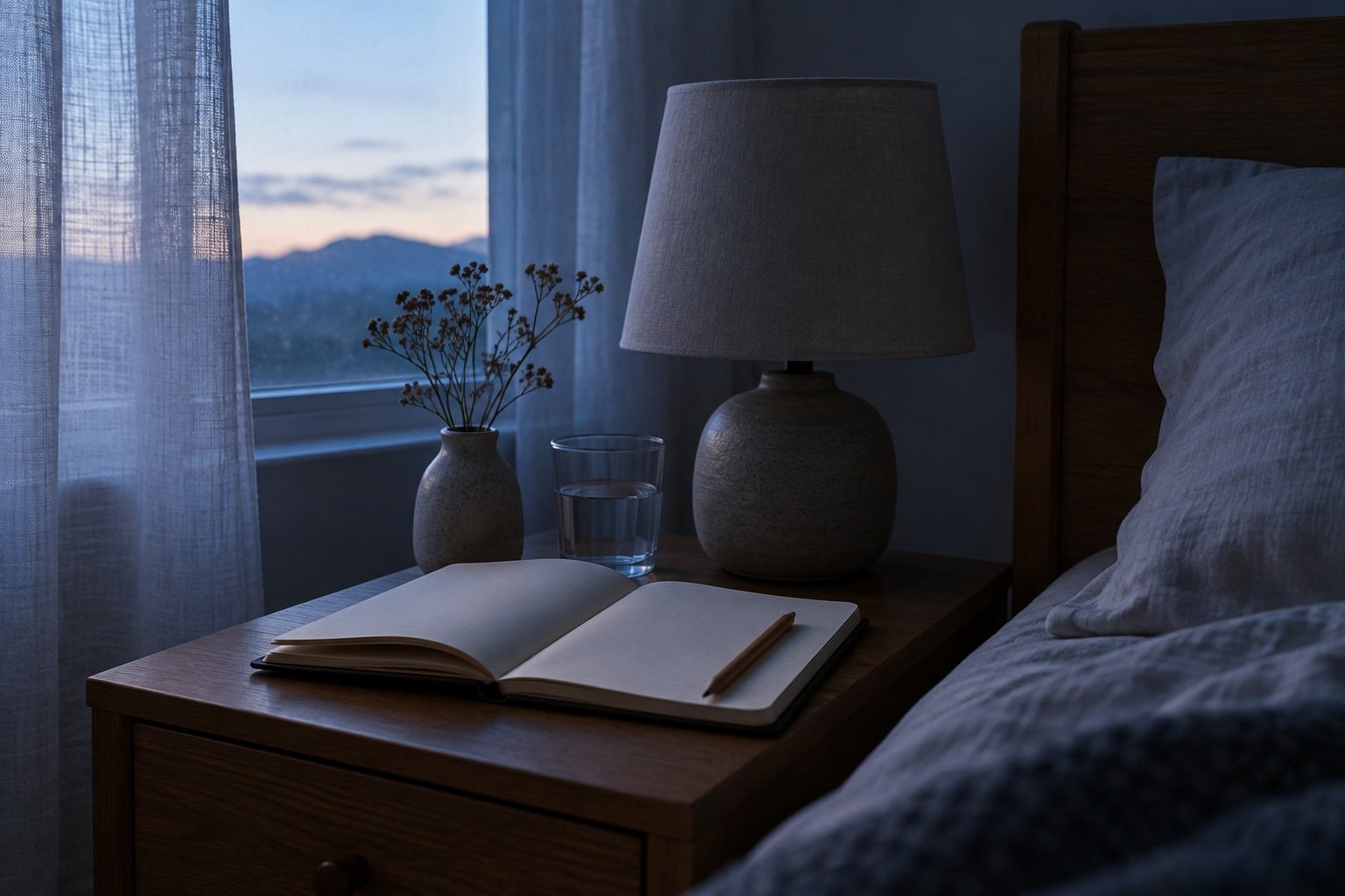 Cuaderno y lápiz en una mesilla para anotar un sueño al despertar.