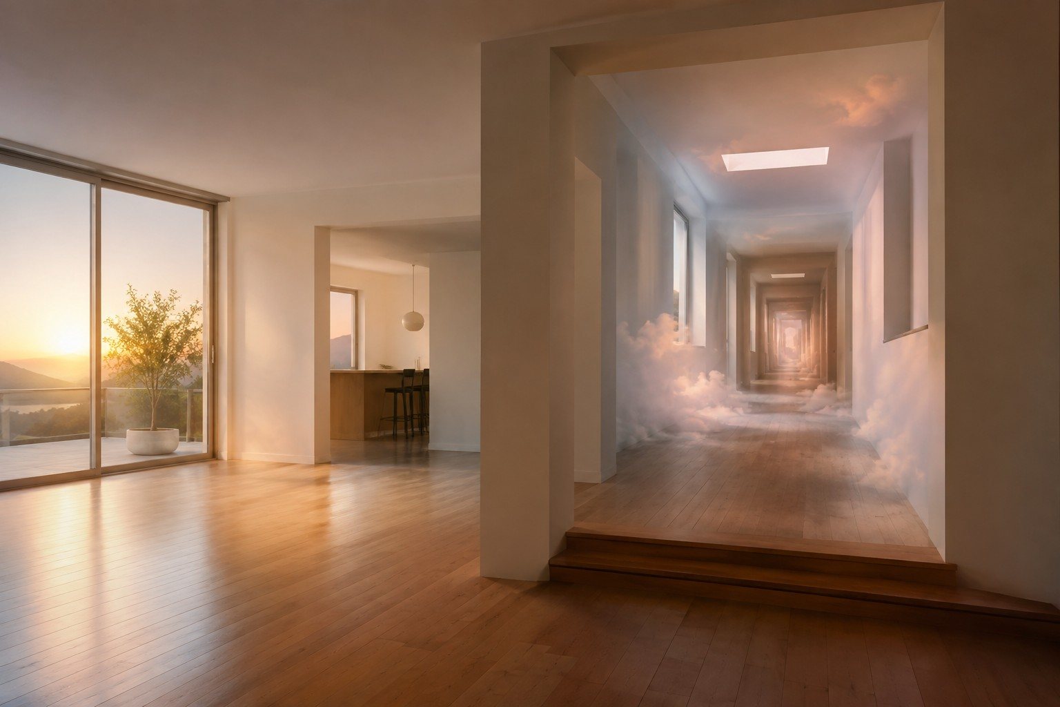 Soñar con una casa nueva y grande: espacios, cambios y emociones — Imagen 1 Casa nueva y amplia con pasillos de aspecto onírico