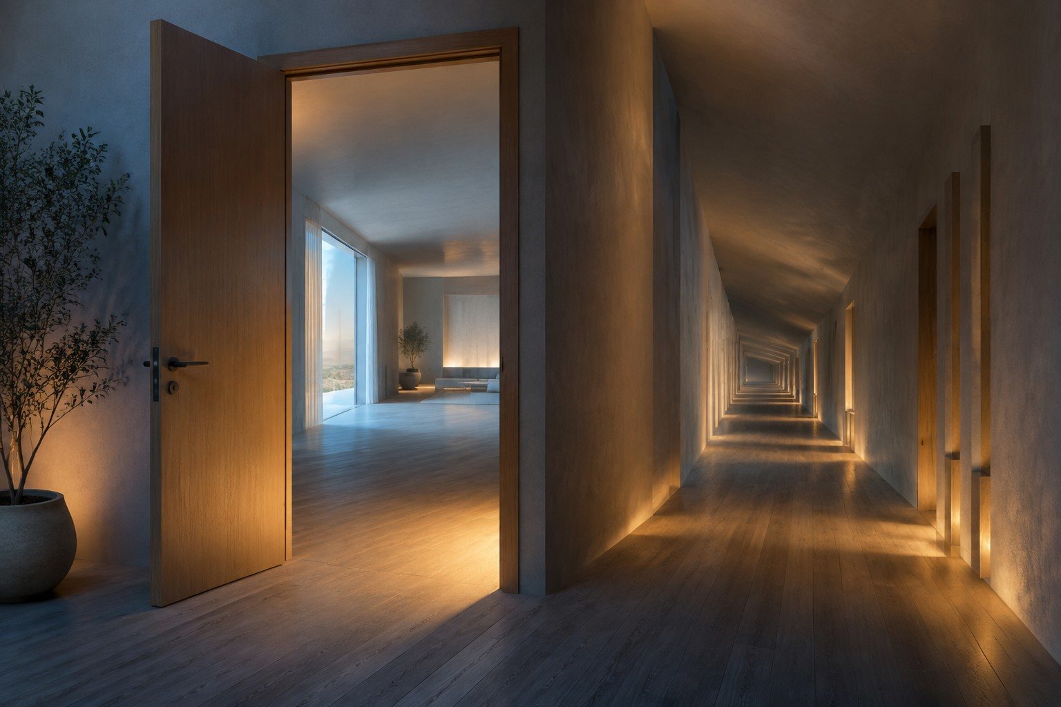 Puerta abierta a una habitación en un pasillo que cambia de escala